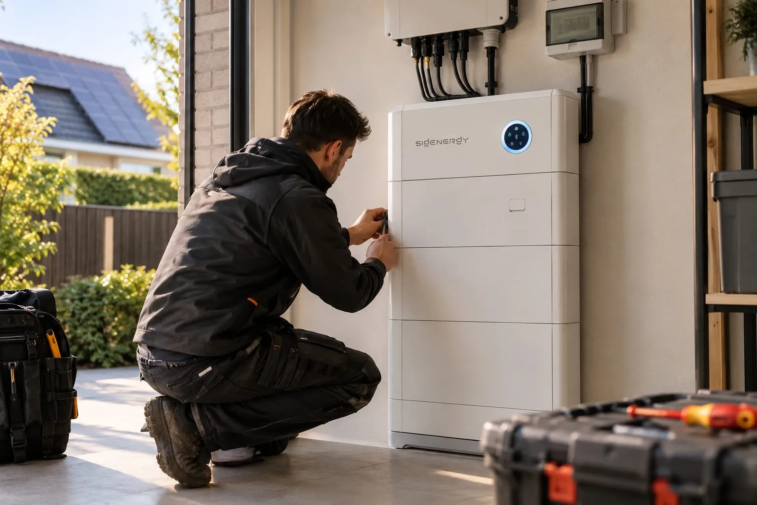 Monteur installeert een Sigenergy thuisbatterij