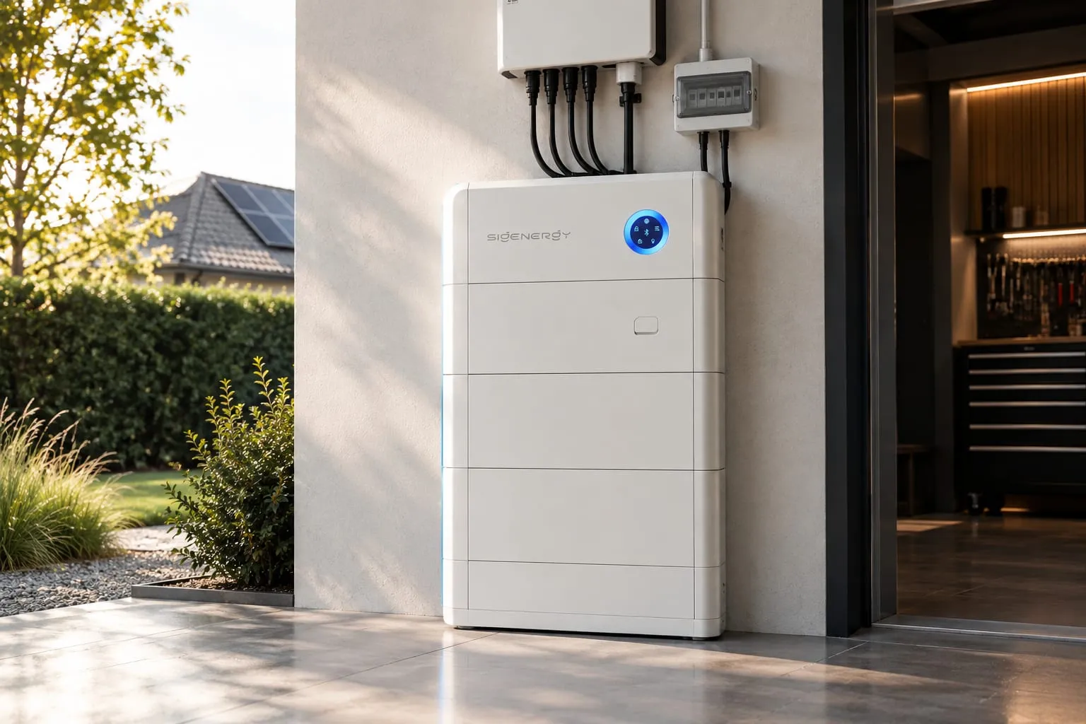 Sigenergy SigenStor thuisbatterij naast de deur van een woning, opgebouwd uit gestapelde modules